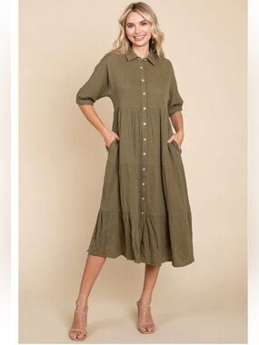 Olive Collared Button-Front Midi Dress